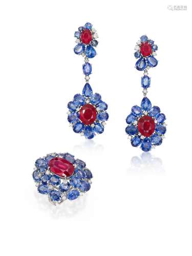 GEM-SET AND DIAMOND RING AND PENDENT EARRING SET (2)