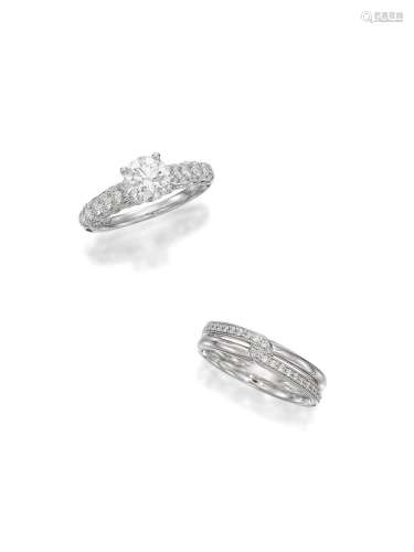 DIAMOND SOLITAIRE RING, AND DIAMOND BAND (2)