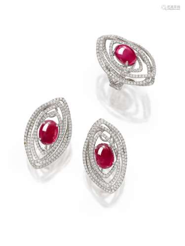 RUBY AND DIAMOND RING AND EARRING SET (2)