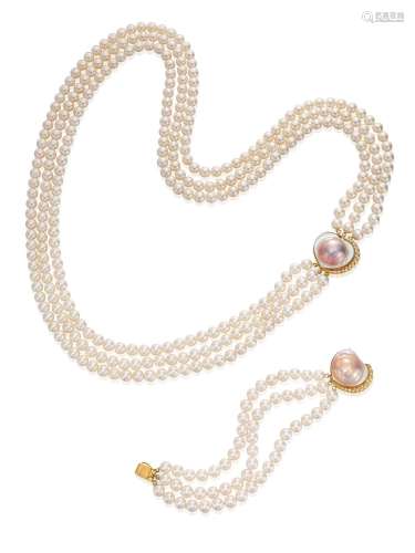 CULTURED PEARL AND DIAMOND NECKLACE AND BRACELET SET (2)