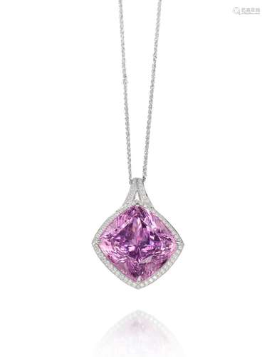 KUNZITE AND DIAMOND PENDENT NECKLACE