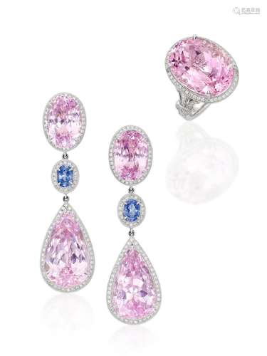 KUNZITE, GEM-SEM AND DIAMOND PENDENT EARRING AND RING SUITE