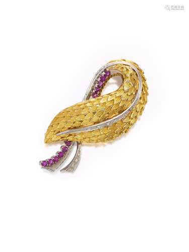 RUBY AND DIAMOND 'FEATHER' BROOCH