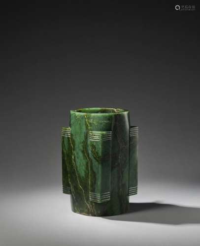 A VERY RARE SPINACH-GREEN JADE CYLINDRICAL VESSEL, CONG Neol...