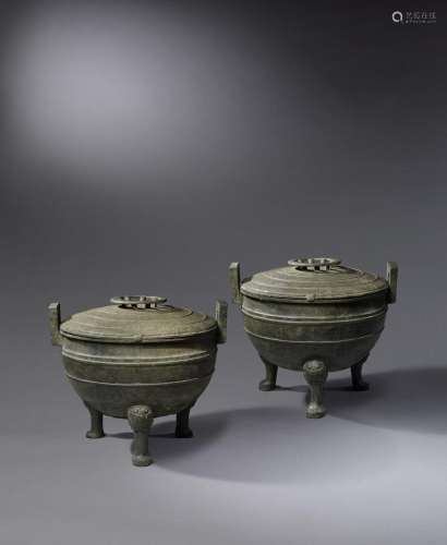 A VERY RARE AND MASSIVE PAIR OF BRONZE RITUAL FOOD VESSELS A...