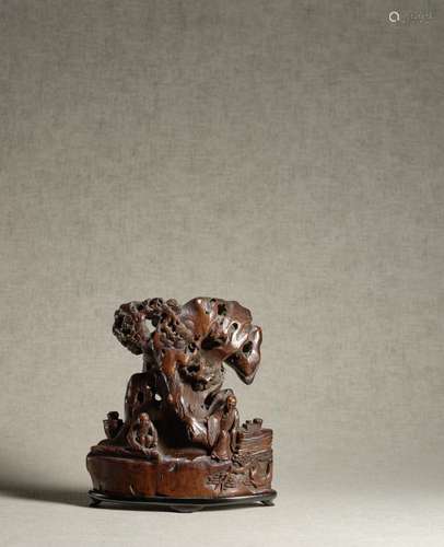 A SUPERBLY CARVED BAMBOO 'SCHOLAR, ROCK AND PINE' GR...