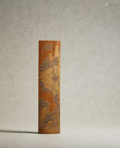 A FINELY CARVED BAMBOO 'LANDSCAPE' WRIST REST 18th/1...