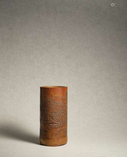 A SMALL AND INSCRIBED BAMBOO 'AUTUMNAL LANDSCAPE' BR...