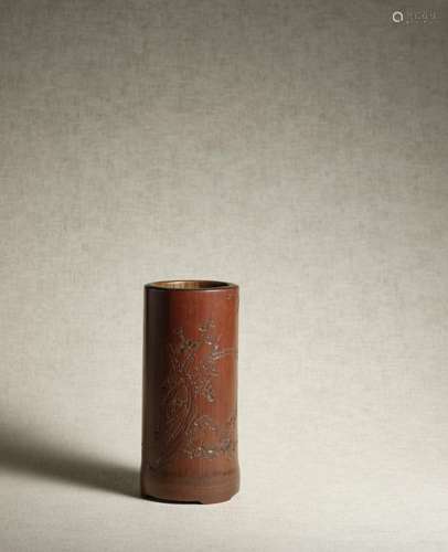 A SMALL CARVED BAMBOO 'PRUNUS' BRUSHPOT Li Ying, 175...