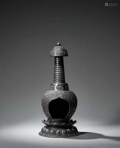 A RARE SILVER 'LOTUS' STUPA 18th century (2)