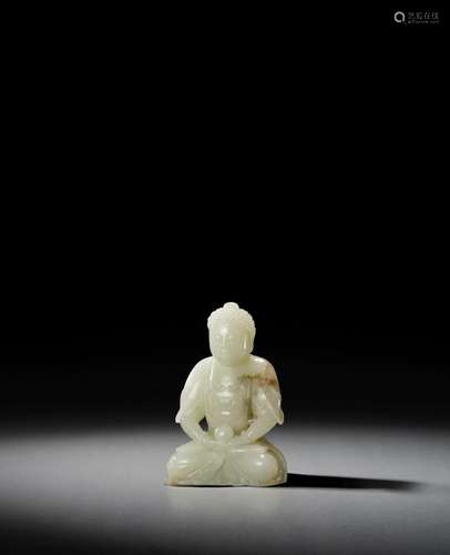 A WHITE AND RUSSET JADE CARVING OF SEATED BUDDHA 18th/19th c...