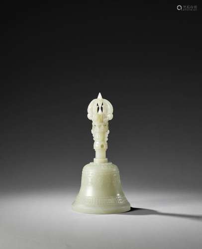 A RARE WHITE JADE RITUAL BELL, GHANTA Incised Qianlong four-...