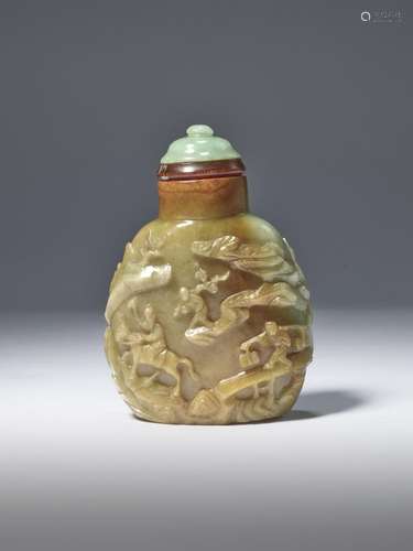 A CARVED JADEITE 'FIGURES IN LANDSCAPE' SNUFF BOTTLE...