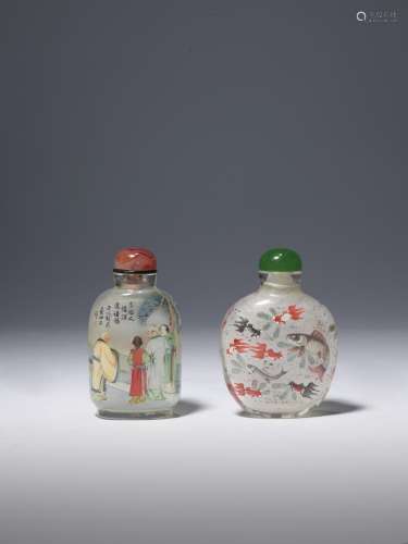 TWO INSIDE-PAINTED ROCK CRYSTAL AND GLASS SNUFF BOTTLES (2)