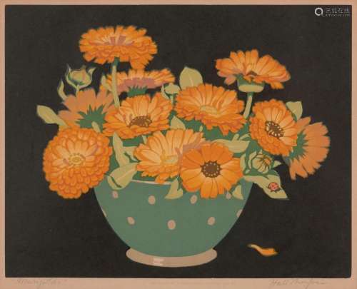 HALL THORPE (1879-1947) Marigolds woodblock