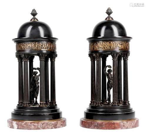 A PAIR OF MINIATURE BRONZE AND BLACK MARBLE TEMPIETTI