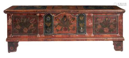 A CENTRAL EUROPEAN PAINTED PINE MARRIAGE COFFER