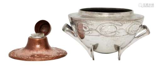 AN ARCHIBALD KNOX PEWTER JARDINIERE AND A SWEDISH HAMMERED C...