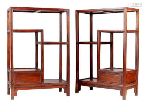 A PAIR OF CHINESE HARDWOOD MINIATURE OPEN DISPLAY SHELVES