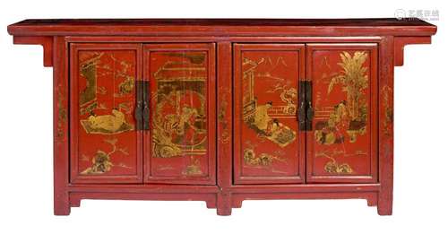 A CHINESE RED LACQUERED FOUR DOOR CABINET