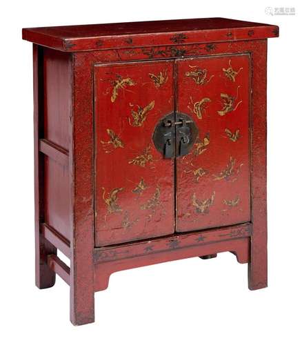 A CHINESE RED LACQUERED SIDE CABINET