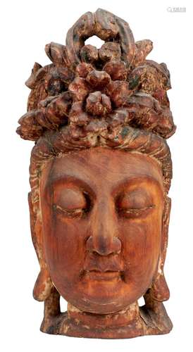 A CHINESE CARVED WOODEN HEAD OF A BODHISATTVA