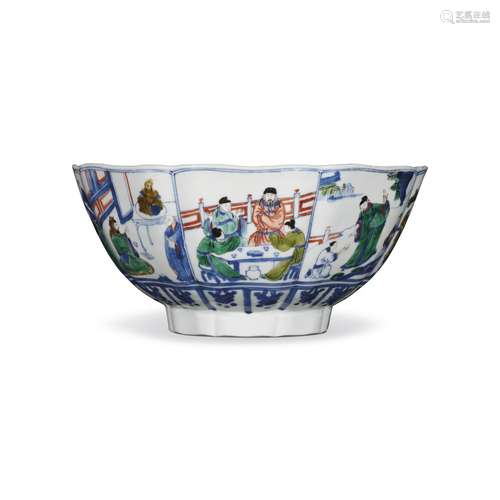 清康熙 青花五彩開光飲中八仙圖葵瓣盌 KANGXI PERIOD (1662-1722...