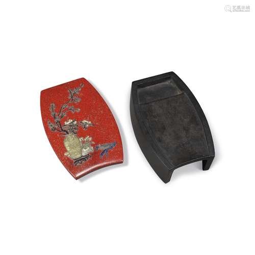 清道光 漆砂硯連百寶嵌硯蓋及座 「盧葵生製」款 DAOGUANG PERIOD; ...