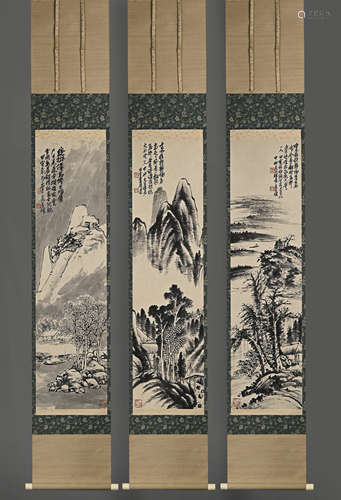 吳昌碩精品（山水圖）三條屏立軸；原盒原裱