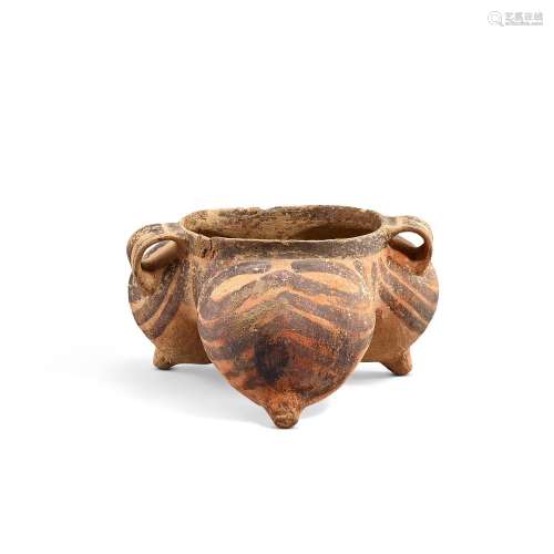 A painted pottery handled tripod vessel, Possibly Xindian cu...