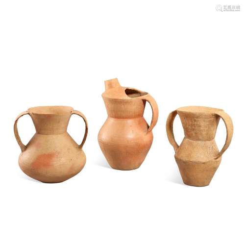 A small pottery ewer and two small pottery jarlets, Qijia cu...