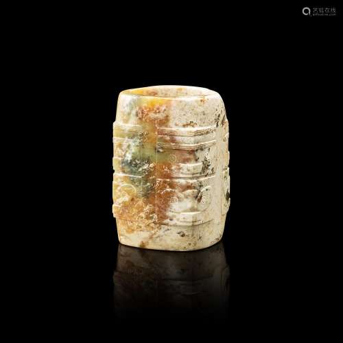 An archaic calcified celadon jade 'mask' cong, Neoli...