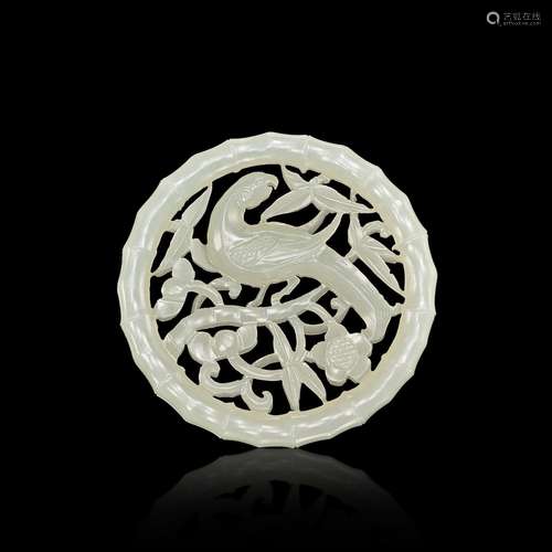 A reticulated white jade 'magpie and prunus' plaque,...