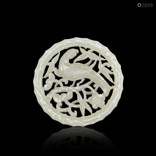 A reticulated white jade 'magpie and prunus' plaque,...
