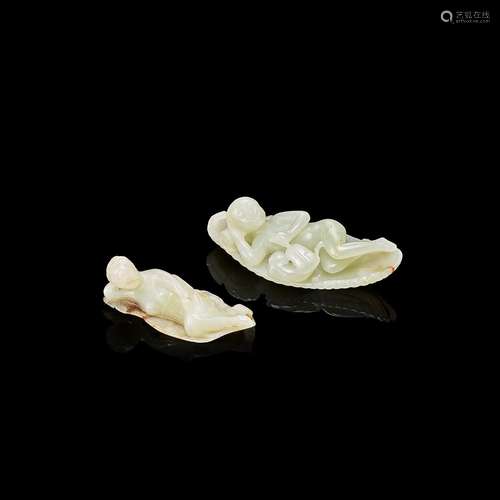 Two pale celadon jade 'lady and leaf' groups, Qing d...