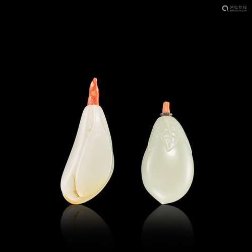 A white jade 'eggplant' snuff bottle and a white jad...