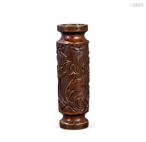 清中期 铜雕荷莲纹香筒