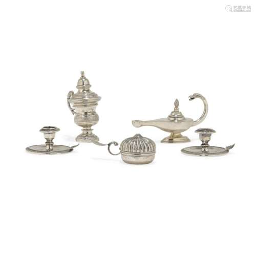 Group of five silver chamber candlesticks Different periods