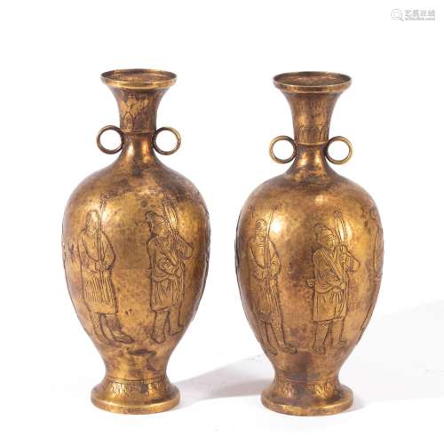 A PAIR OF GILT BRONZE FIGURAL VASES