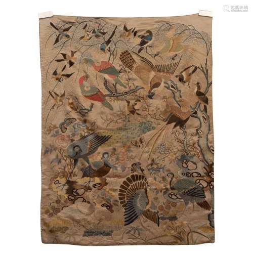 A CHINESE EMBROIDERY OF FLOWERS AND BIRDS
