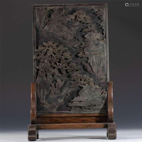 A CARVED LANDSCAPE AND FIGURES INKSTONE TABLE SCREEN