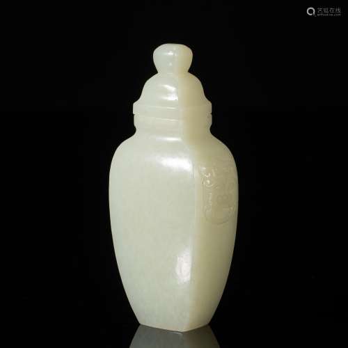 A CARVED JADE FLATTEN VASE AND COVER