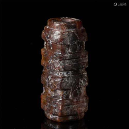 A CARVED RUSSET JADE CONG