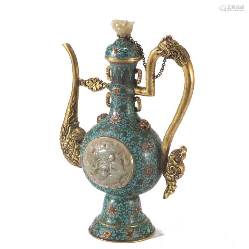 A CLOISONNE INLAID JADE WINEPOT