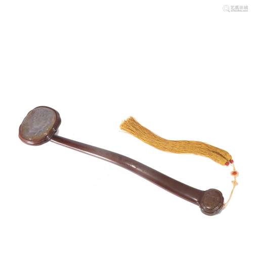 A CARVED AGATE INLAID HARDWOOD RUYI SCEPTRE
