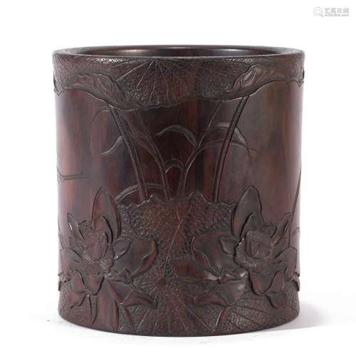 A CARVED HARDWOOD BRUSH POT