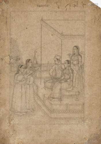 AN INDIAN MINIATURE DRAWING OF A PRINCE AND PRINCESS ENJOYIN...