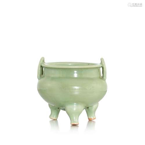 <br />
A Longquan celadon handled tripod incense burner, Yua...