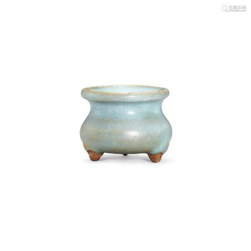 <br />
A miniature Junyao blue-glazed tripod incense burner,...