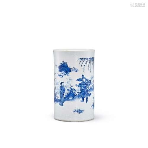 <br />
A blue and white ‘warrior and maiden’ brushpot, Trans...